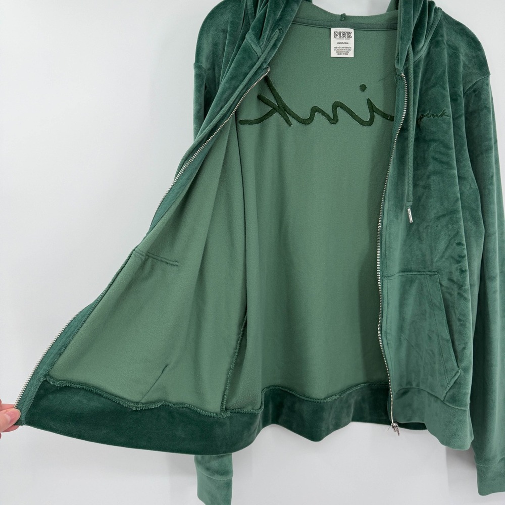 PINK Victoria's Secret Velour Full Zip Hoodie‎ Green Logo L Y2K 2000s Aesthetic - Picture 3 of 8